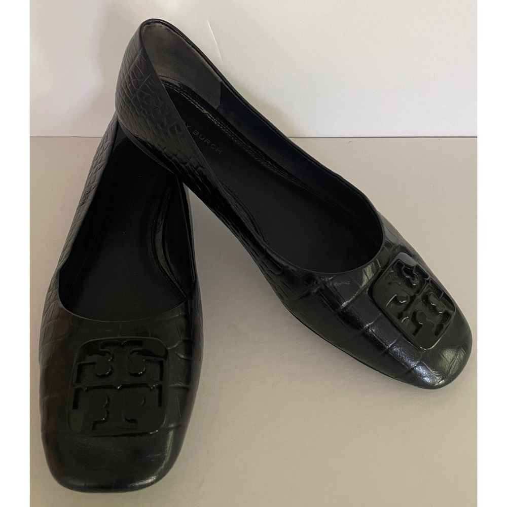 Tory Burch Georgia Black Croc Embossed Leather Square Toe Ballet Flats Career 8M